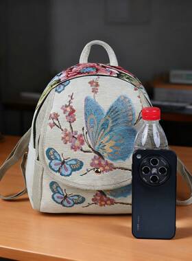 新款民族包金丝织百搭休闲双肩包织布绣花精致云南旅游背包布艺