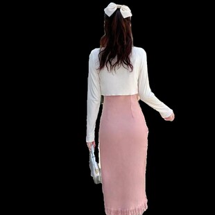 毛边流苏包臀修身 女开衫 纯棉弹力牛仔吊带裙两件套 连衣裙套装 秋季