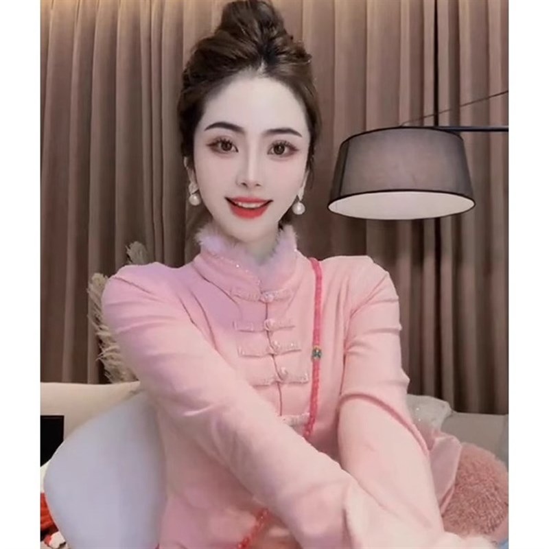 新中式国风打底衫女冬装2025新款水貂毛拼接盘扣内搭上衣漂亮小衫