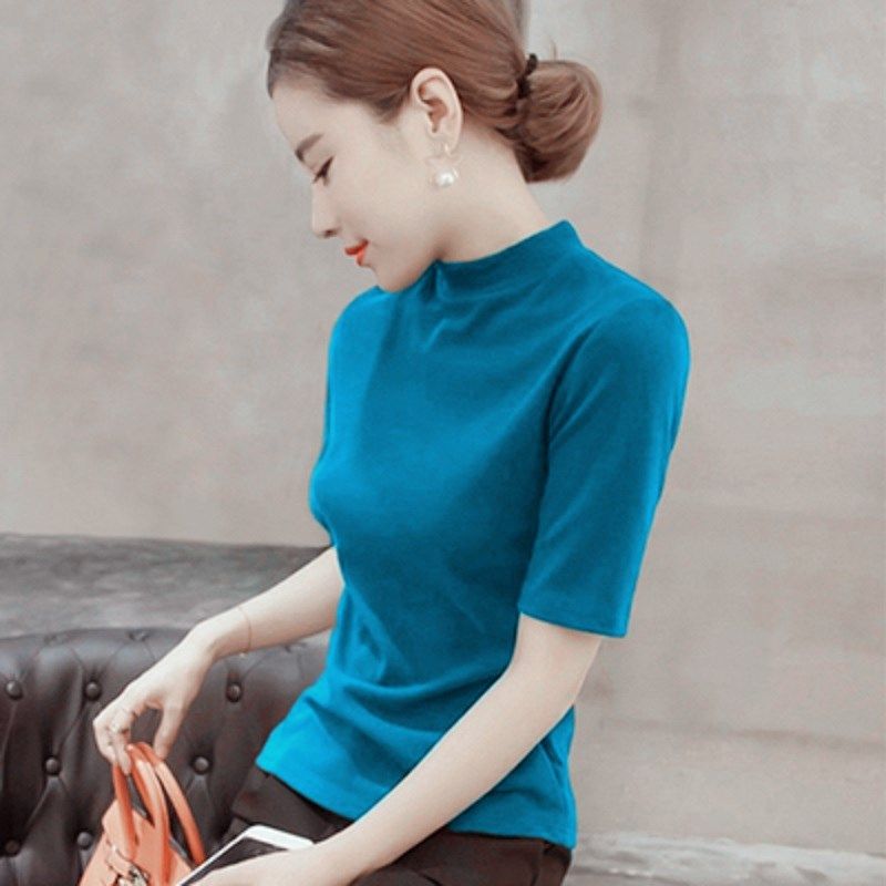 春秋冬季半高领中袖针织衫女士玖红毛衣五分袖修身紧身上衣打底衫