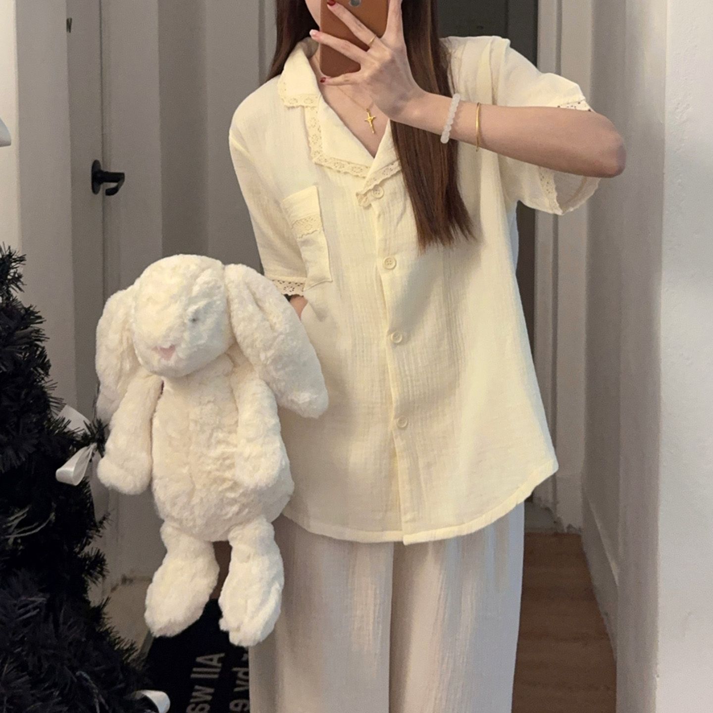 花边纯色睡衣女夏季款家居服套装