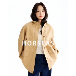 海边的马/HORSEAS 麻棉风衣外套女士翻立领秋冬季防风外套中长款