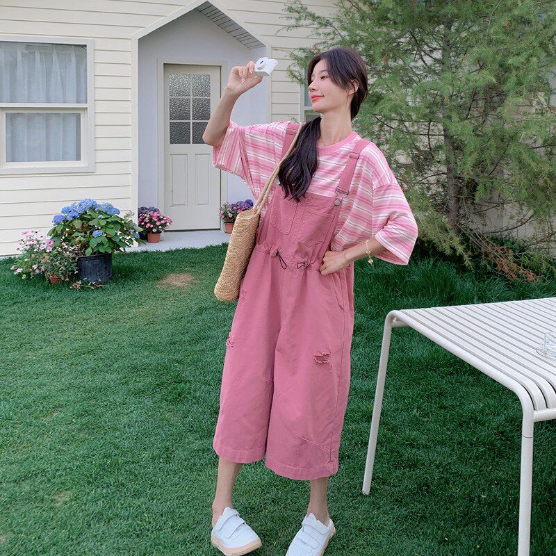 粉色学院风背带裤女2025u年夏季新款韩系小个子休闲减龄直筒阔腿