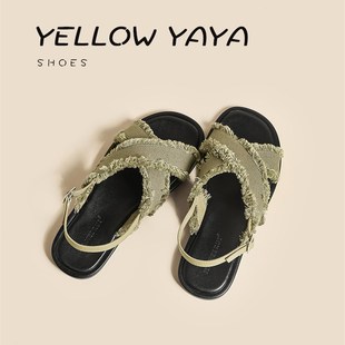 凉鞋女夏平底2023新款流苏仙女风黑色简约潮交叉S带休闲沙滩鞋防