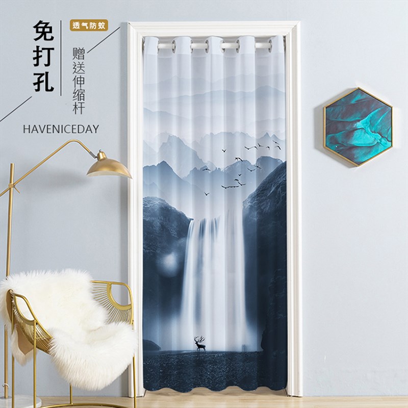 现代中式家用免打孔门帘r雪纺纱帘夏季防蚊帘卧室客厅隔断纱网帘
