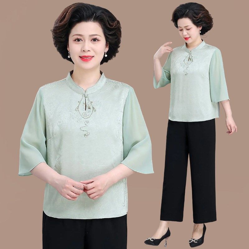 中老年妈妈夏季i中袖雪纺小衫休闲套装女奶奶减龄新中式国风两件,女装/女士精品,中老年女装,淘宝优惠券,粉丝福利购,淘宝优惠卷