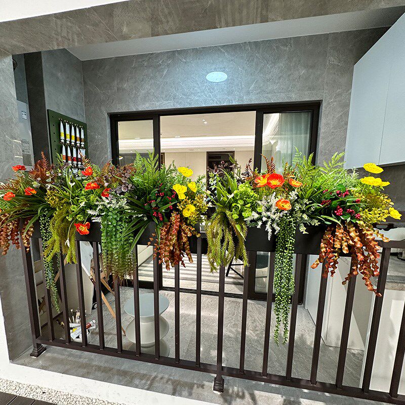 wo+仿真花绿植混搭铁花箱室内隔断室外阳M台商场栏杆悬挂装饰盆栽