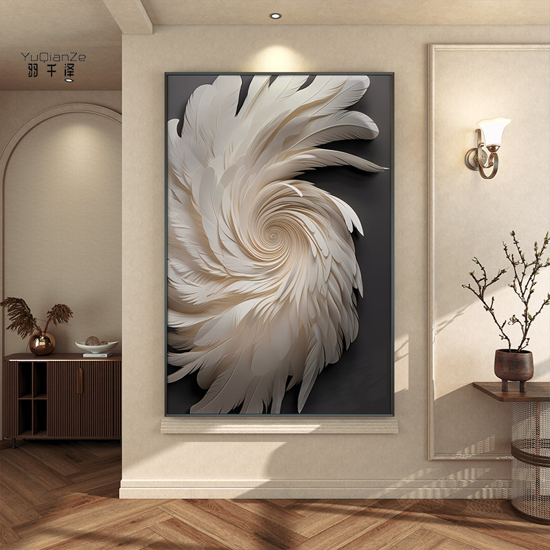 羽毛黑白抽象客厅装饰画现代简约沙发背景M墙壁画大气入户玄关挂