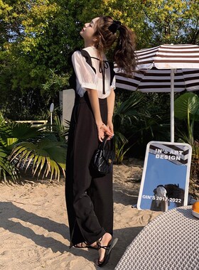 黑色设计感背带裤两件套装女20z25夏季新款学院风小个子开叉阔腿