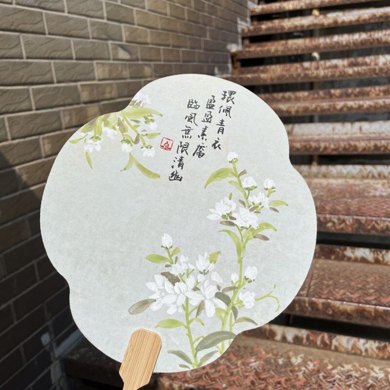 代画定制手绘古风茉莉花团w扇折扇文创扇面手工画扇定制成品书签
