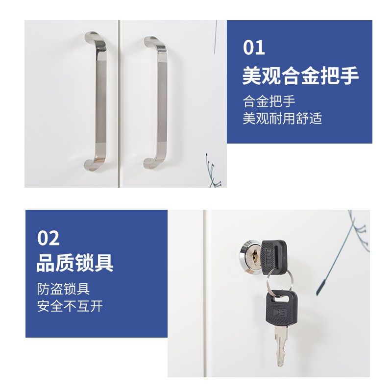 钢制印花带锁衣柜家用阳台储物柜推拉门对开门儿童U卡通柜子被褥