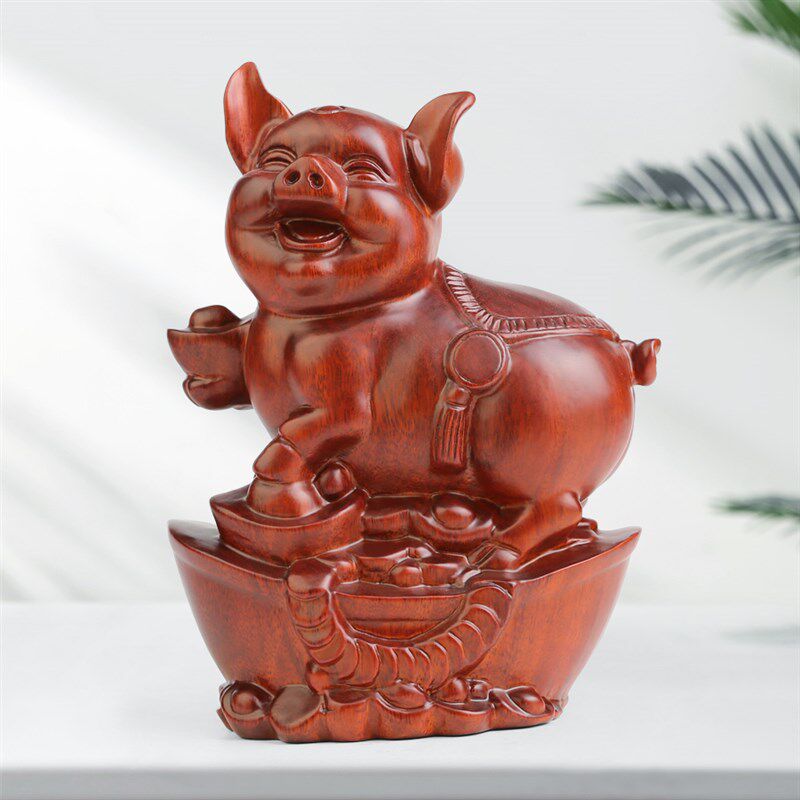 木雕猪工艺品客厅玄关木头摆件 实木制生肖猪 红木W质家居饰品摆