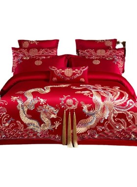 中式100c支长绒棉婚庆四件套大红色龙凤刺绣结婚床上用品4