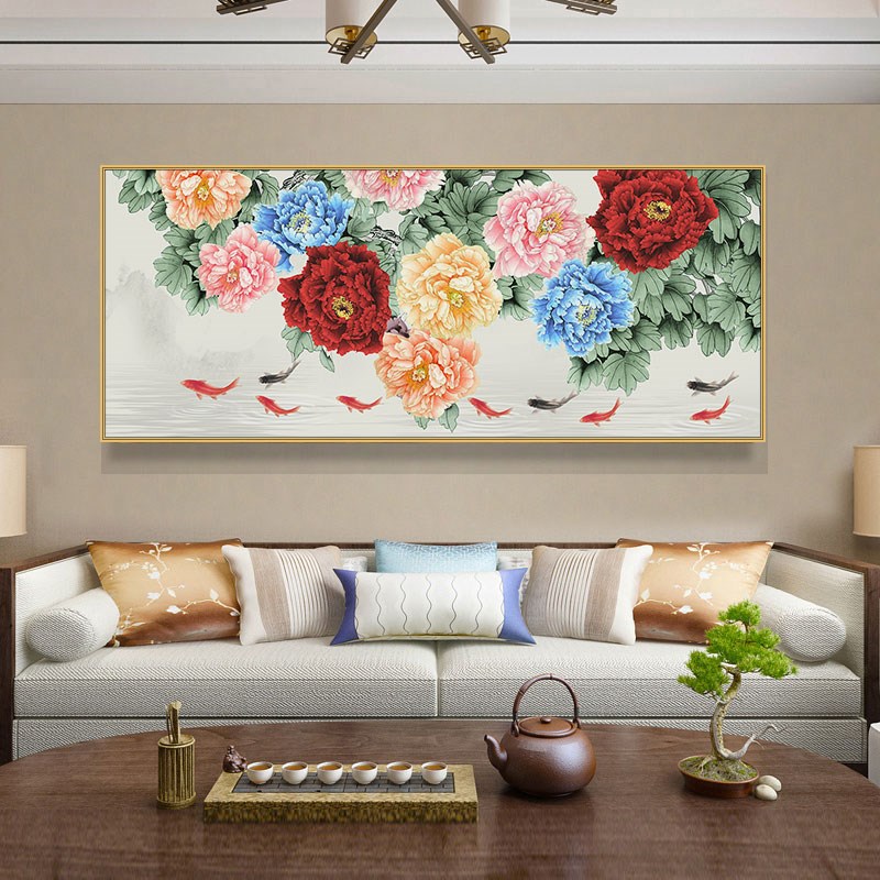 客厅装饰a画沙发背景墙壁画中式牡丹花开富贵横版大气茶室九鱼图