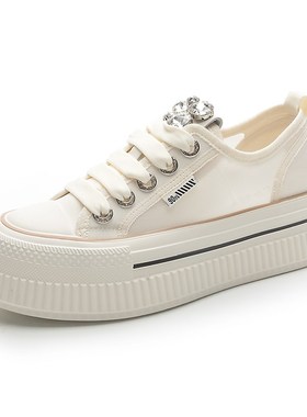 网面帆布小白鞋女2024r夏季新款百搭透气薄款厚底松糕软底休闲板