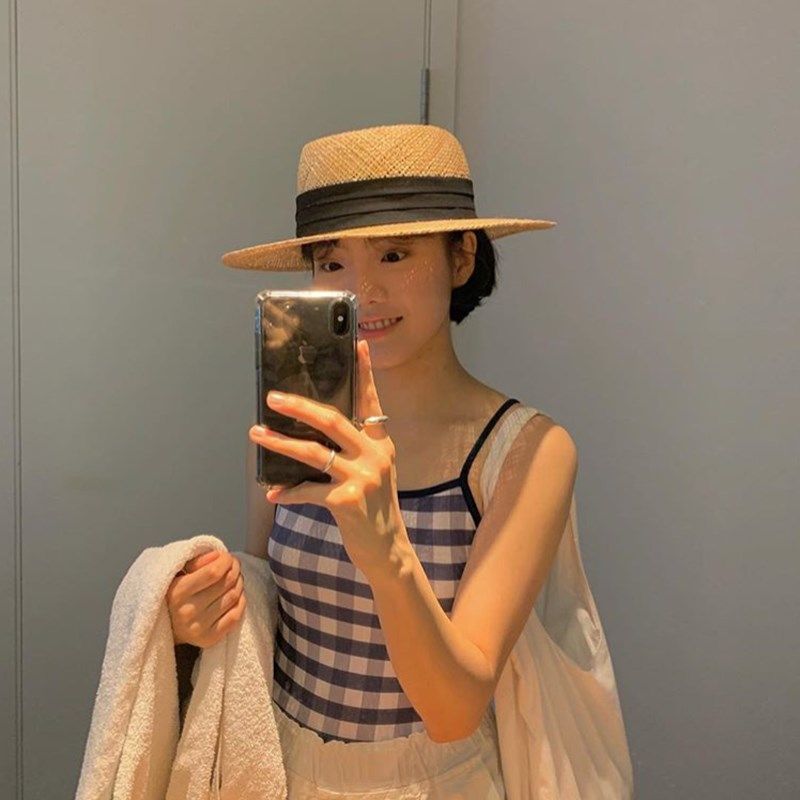 2024年新款宝草编织平沿草帽女夏遮阳防晒太阳帽度假Y英伦时尚礼
