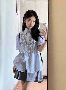 甜美蓝色褶e皱衬衫套装女夏季小个子日系学院风jk衬衣百褶裙两件
