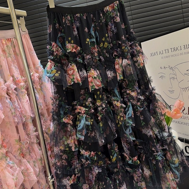 碎花半身网纱裙女2025r新款夏季中长款超仙花边蛋糕裙不规则仙女