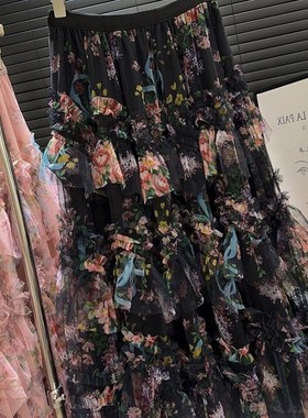 碎花半身网纱裙女2025r新款夏季中长款超仙花边蛋糕裙不规则仙女