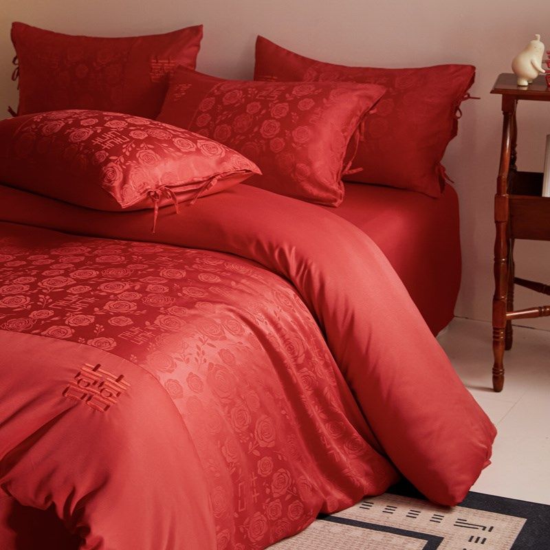 提花结婚四e件套红色系被套床单新婚陪嫁喜被婚庆床上用品,床上用品,婚庆床品套件,淘宝优惠券,粉丝福利购,淘宝优惠卷
