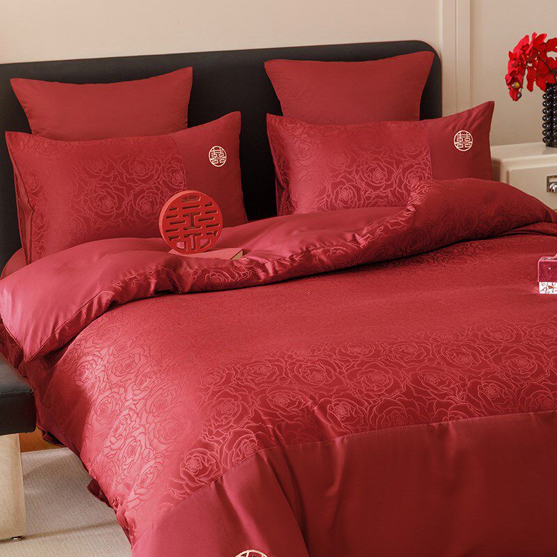 新中式喜字结婚四件套大红色床单玫瑰被套婚庆房喜Y被床上用品,床上用品,婚庆床品套件,淘宝优惠券,粉丝福利购,淘宝优惠卷