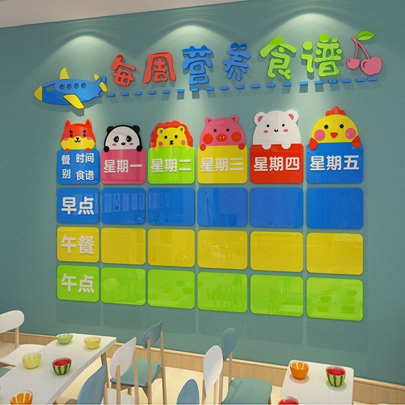 幼儿园食谱展示板菜单公告栏托管班饭桌午餐牌Q小学校文化墙贴纸