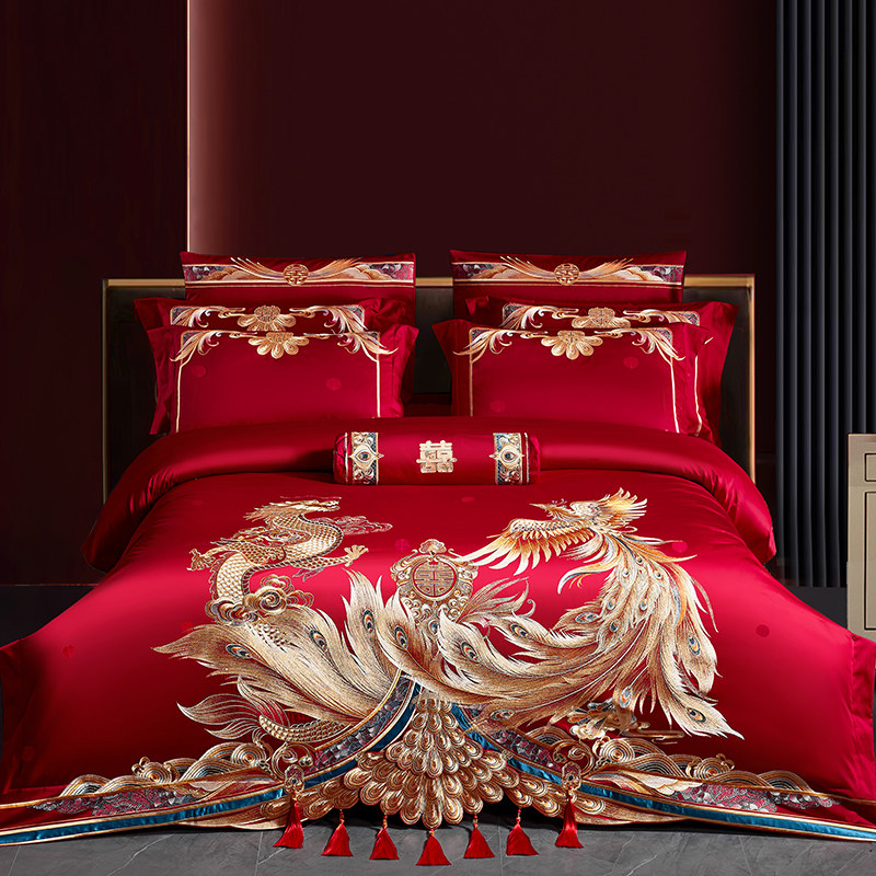 140s支全棉婚庆四件套大红色龙凤婚房床上N用品喜被子结婚六十件