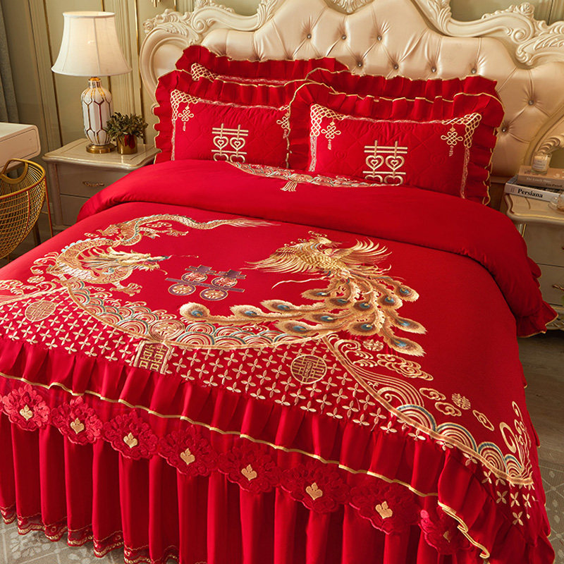 中式婚嫁全棉婚庆大红四件套床裙款刺绣花P喜被套结婚床上用品,床上用品,婚庆床品套件,淘宝优惠券,粉丝福利购,淘宝优惠卷