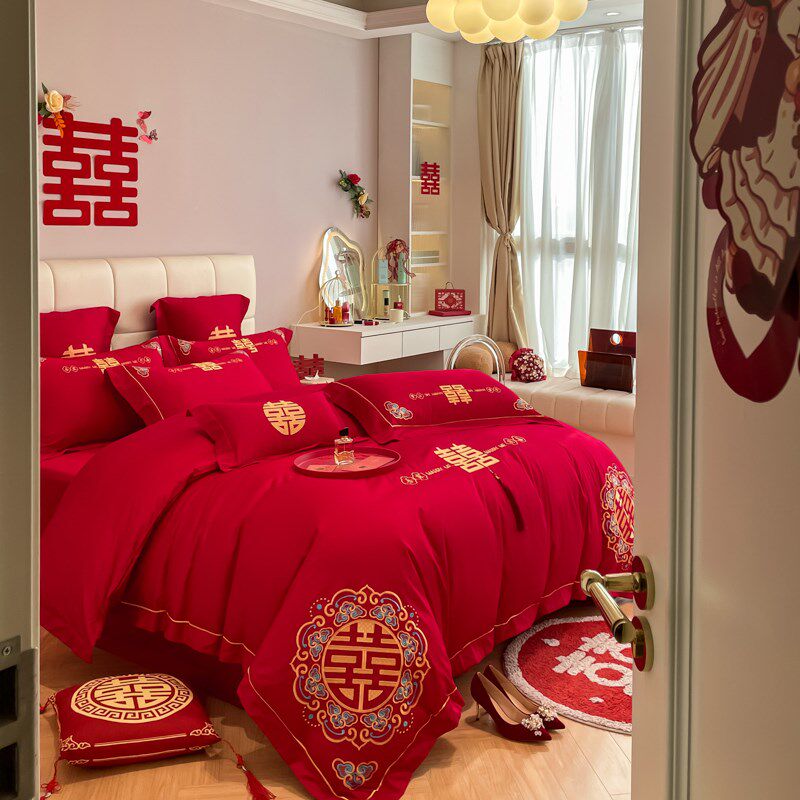中式喜字结婚四件套大u红色床单被套婚庆床上用品婚房喜被,床上用品,婚庆床品套件,淘宝优惠券,粉丝福利购,淘宝优惠卷