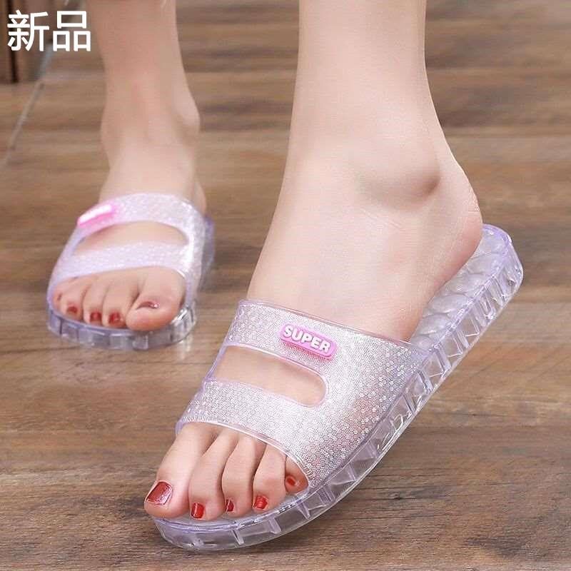 女士水晶果冻拖鞋透明平跟防滑软底拖家一字用室R内浴室洗澡拖新