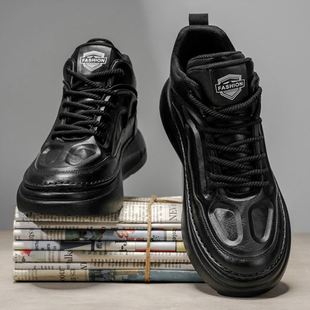 潮流老爹板鞋 高帮男鞋 男士 皮面防水厚底增高复古运动休闲鞋 秋冬款