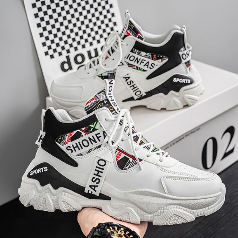 旋转纽扣男鞋秋冬防水厚底防滑青少年高帮运动鞋跑步休闲老爹潮鞋