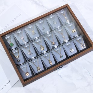 高级项链首饰收纳盒子木纹18位锁骨链细脚链饰品展示带盖珠宝托盘