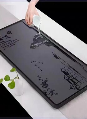 乌金石茶盘家用天然整块简约石材大小号黑金石排水茶海嵌入式茶台