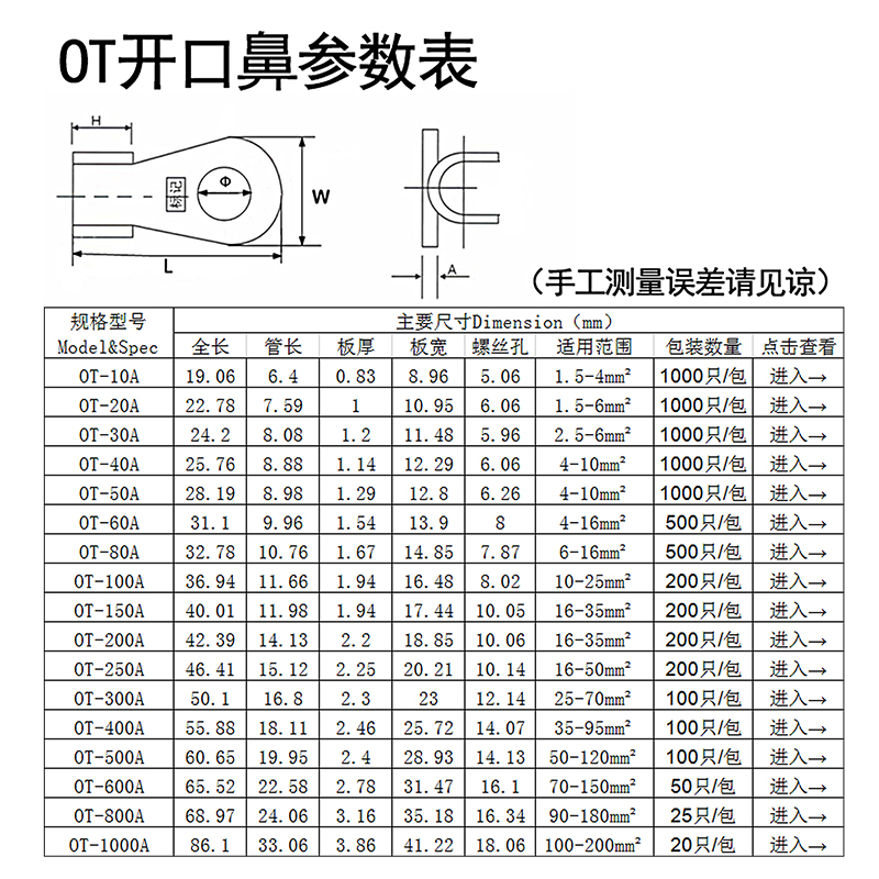 OT250A开口鼻铜线耳紫铜国标A级加厚裸端头铜接线端子铜接头20只