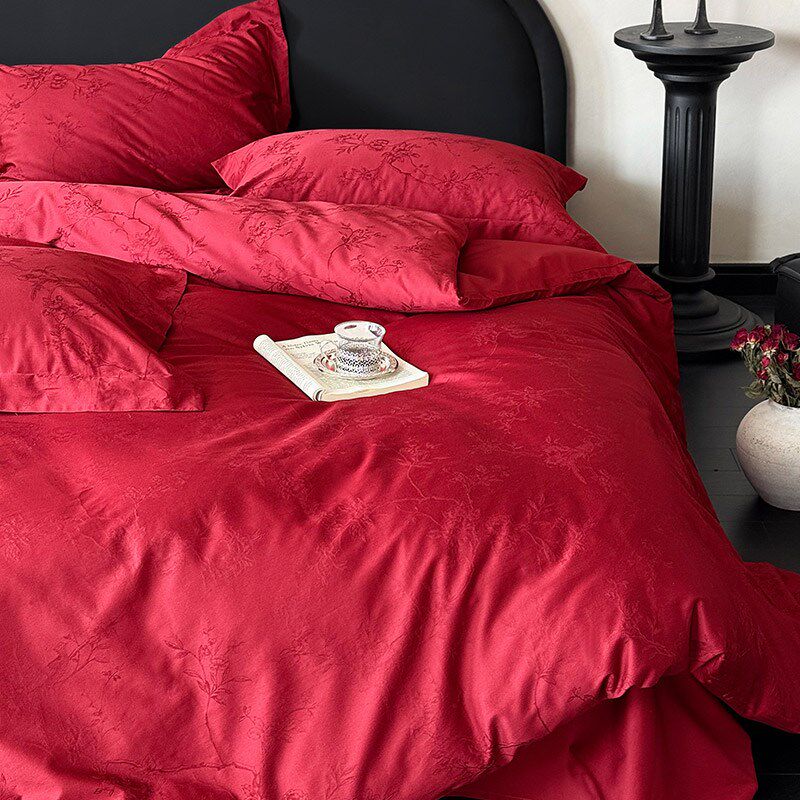 高级感婚庆长绒棉纯棉四件套轻奢风提花结婚被套床上用品喜嫁红色