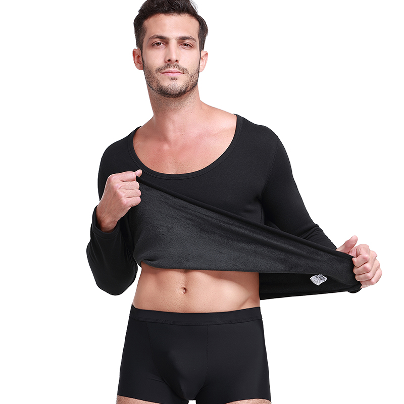 新款超低领保暖内衣男士加厚加绒保暖上衣单件大领口打底衫冬季