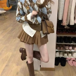 深冬装搭配一整套韩剧穿搭高级感法式复古菱格毛衣裙子三件套装女