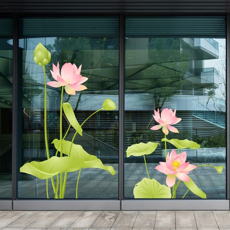 莲花荷花玻璃门贴纸大门自建房家用酒店静电贴中式国风装饰窗花贴,家居饰品,软装墙贴,淘宝优惠券,粉丝福利购,淘宝优惠卷