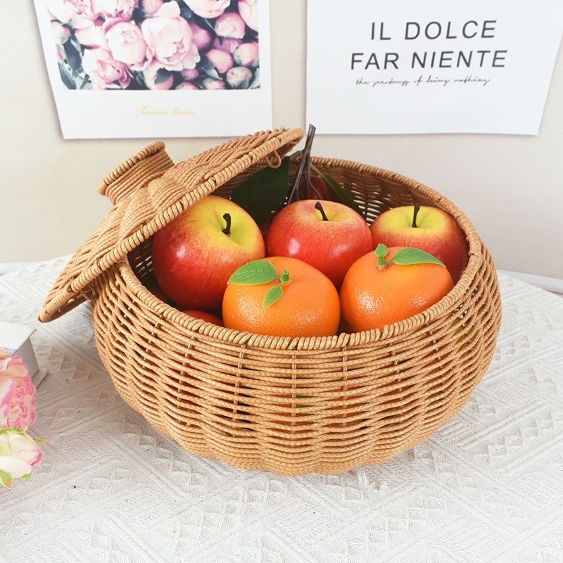 仿藤编织水果篮带盖圆形零食收纳筐藤编鸡蛋篮储物收纳盒馒头筐子,收纳整理,收纳筐,淘宝优惠券,粉丝福利购,淘宝优惠卷