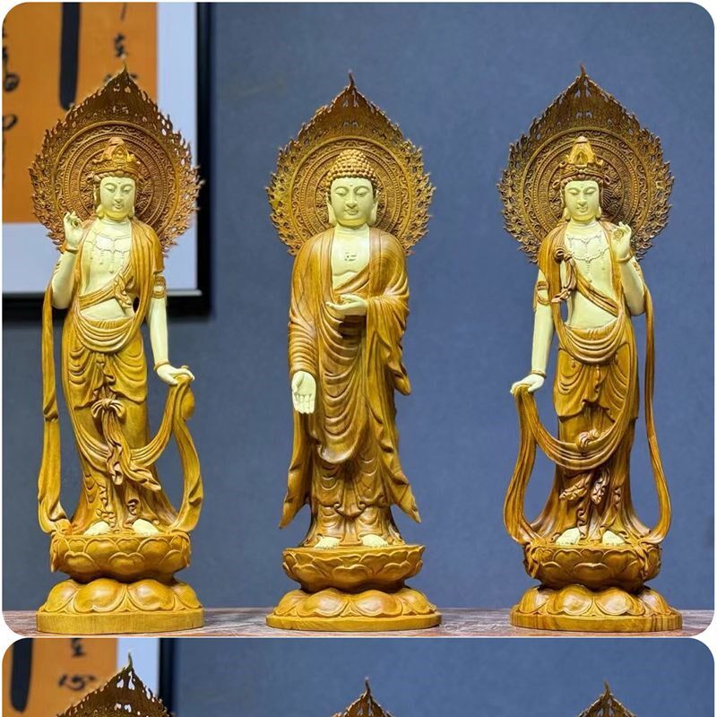 香樟木西方三圣观音木雕根雕摆件家居客厅佛堂供奉佛像崖柏工艺品