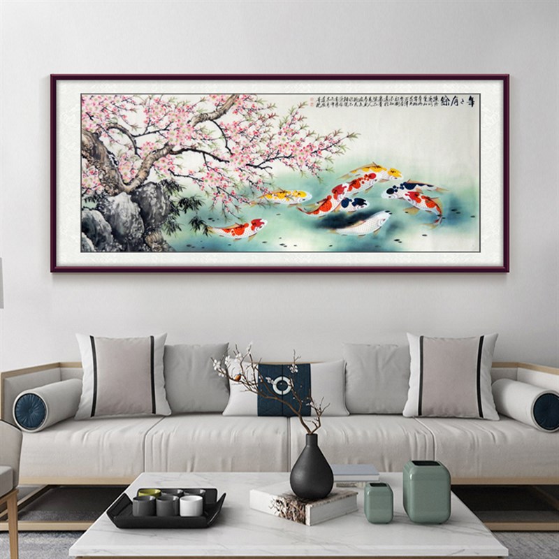 名家手绘桃花九鱼图国画四尺工笔九鱼 连年有余 餐厅客厅装饰字画图片