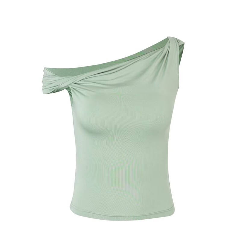 黑色斜领露肩T恤女2024夏季新款设计感修身显瘦气质褶皱百搭上衣