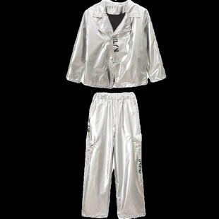 儿童潮酷街舞服男女童银色皮衣架子鼓服少儿嘻哈元 旦表演服走秀服