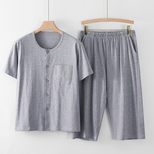 中老年人夏季纯棉短袖开衫男士七分裤两件套装爸爸全棉上衣家居服
