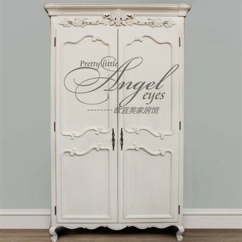 美式实木雕花双门衣柜法式水洗蓝做旧收纳柜复古白衣橱卧室收纳柜