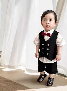 男童绅士服夏款宝宝红色领结英伦风夏款西装马甲短袖花童生日礼服