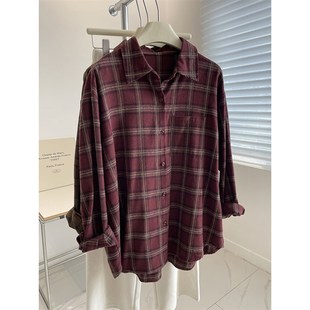 复古显白磨毛棉格子衬衫女!2024秋冬宽松显瘦叠穿休闲衫衣薄外套