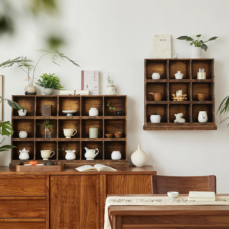 复古做旧实木多宝阁博古架装饰柜可挂墙杯架桌面收纳展示柜小绿植