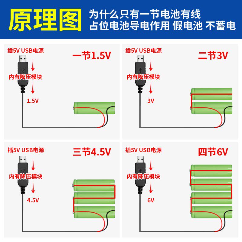 5号电池改usb供电改直供电占位假电池电子钟玩具5V转3/4.5/6V